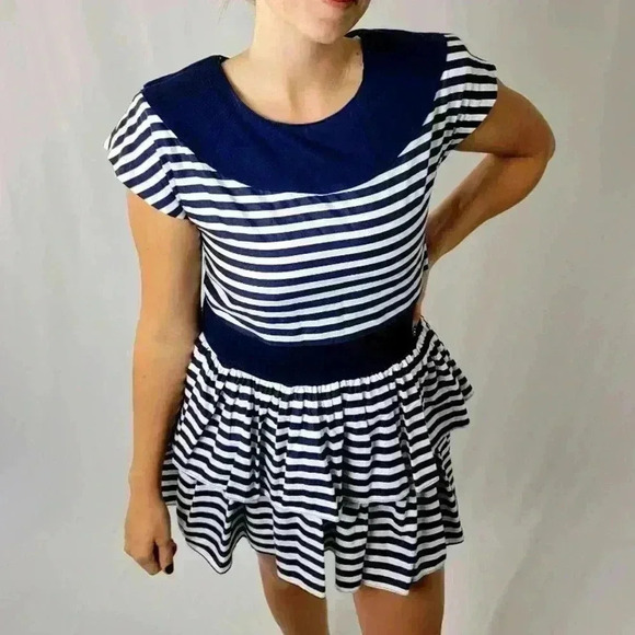 Vintage 80s Diamond’s Run Striped A-Line Ruffle Flare Skirt Dress - M - Picture 5 of 7